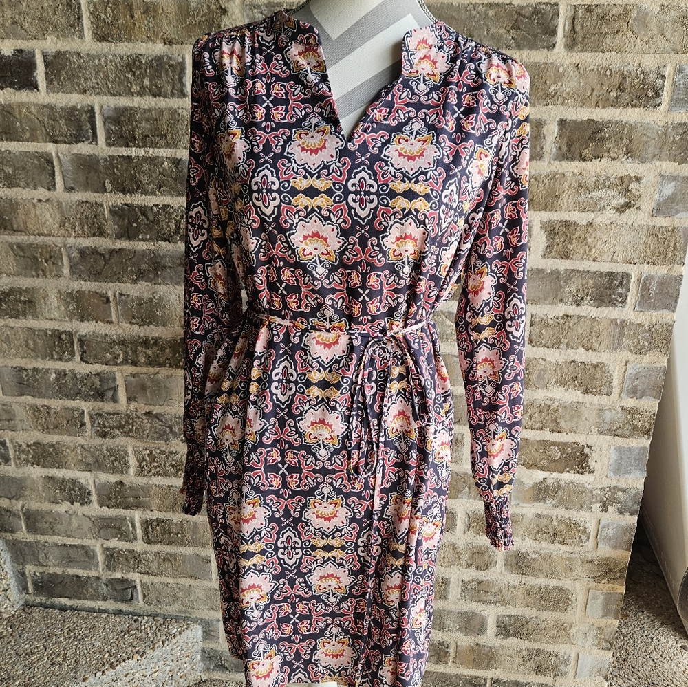 LOFT Tie Waist Dress XS Boho Paisley Long Sleeve Split Front Detail Midi Casual